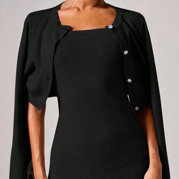 Black Elegant Women's Knit Sweater Lace detailed Dress & Cardigan Set - Picture 12 of 14